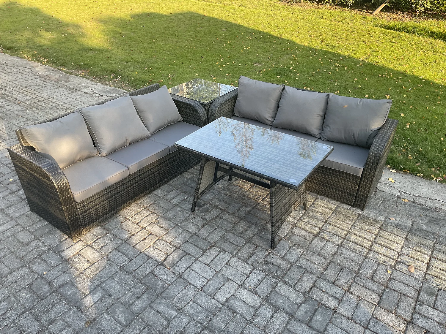 Gartenmöbel Sofa Set Rechteckiger Esstisch 6-Sitzer Rattansofa-Set Dunkelgrau Gemischt