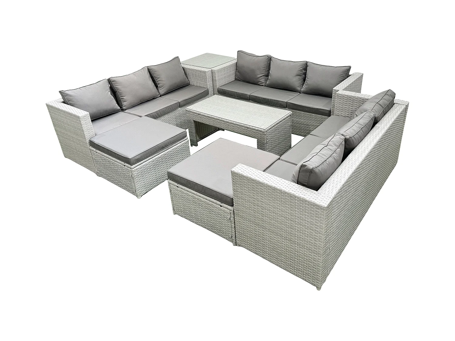 Ensemble de meubles d'extérieur en rotin 11 places avec Table basse oblongue 2 Grand tabourets Table d'appoint Gris clair mixte