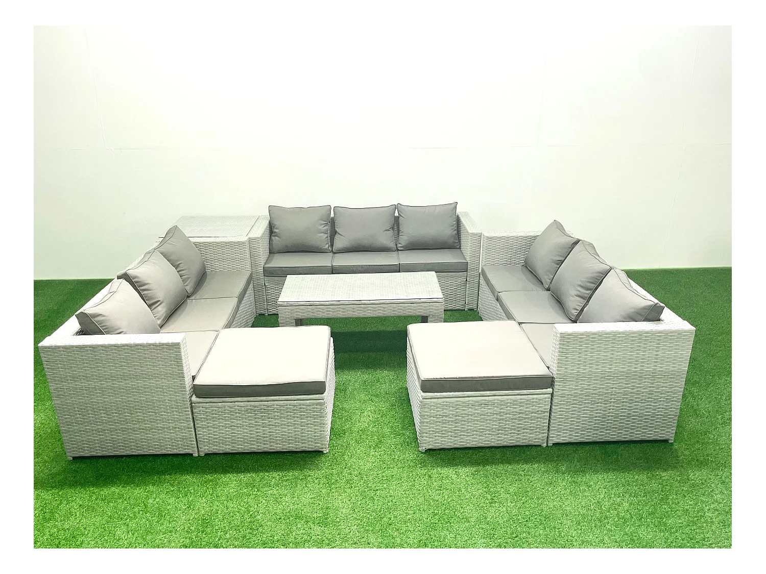 Ensemble de meubles d'extérieur en rotin 11 places avec Table basse oblongue 2 Grand tabourets Table d'appoint Gris clair mixte