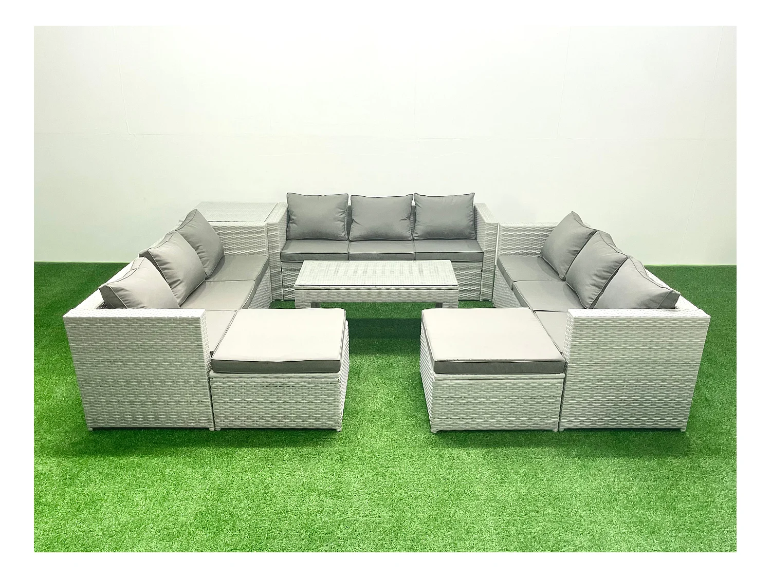 Ensemble de meubles d'extérieur en rotin 11 places avec Table basse oblongue 2 Grand tabourets Table d'appoint Gris clair mixte