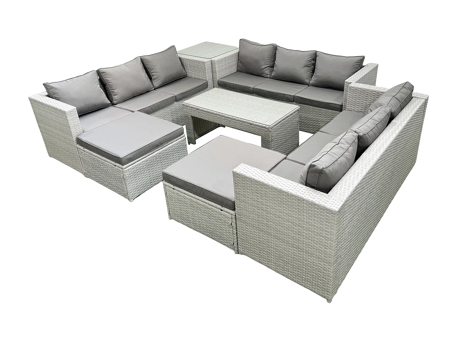 Ensemble de meubles d'extérieur en rotin 11 places avec Table basse oblongue 2 Grand tabourets Table d'appoint Gris clair mixte