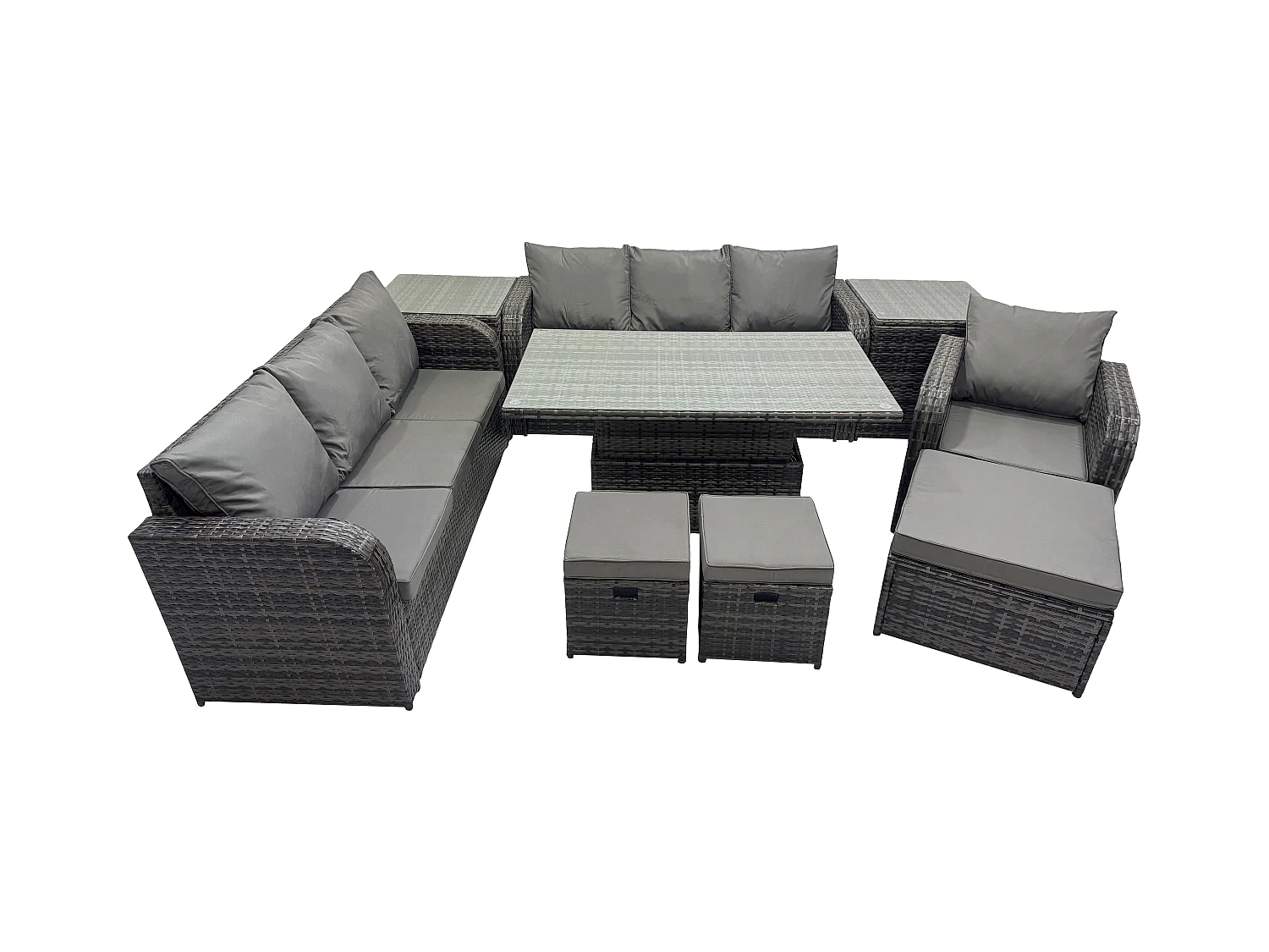 Polyrattan Gartenmöbel-Sets höhenverstellbarer Tisch Sofa Set mit 2 Beistelltischen Liegestühle 3 Hockern