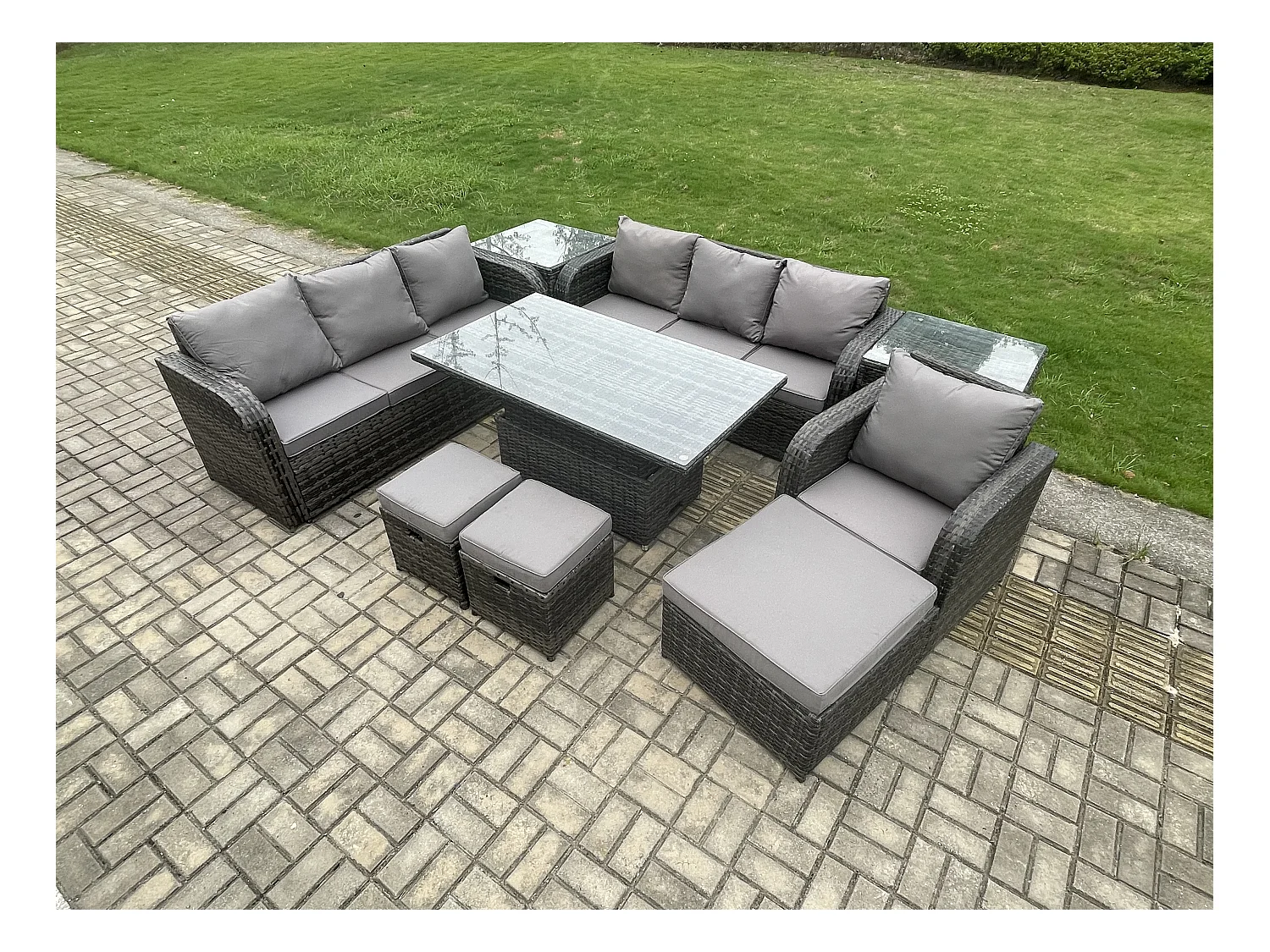 Polyrattan Gartenmöbel-Sets höhenverstellbarer Tisch Sofa Set mit 2 Beistelltischen Liegestühle 3 Hockern