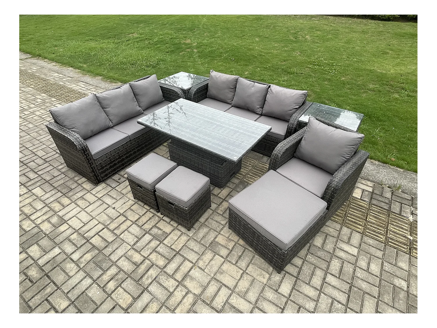 Polyrattan Gartenmöbel-Sets höhenverstellbarer Tisch Sofa Set mit 2 Beistelltischen Liegestühle 3 Hockern
