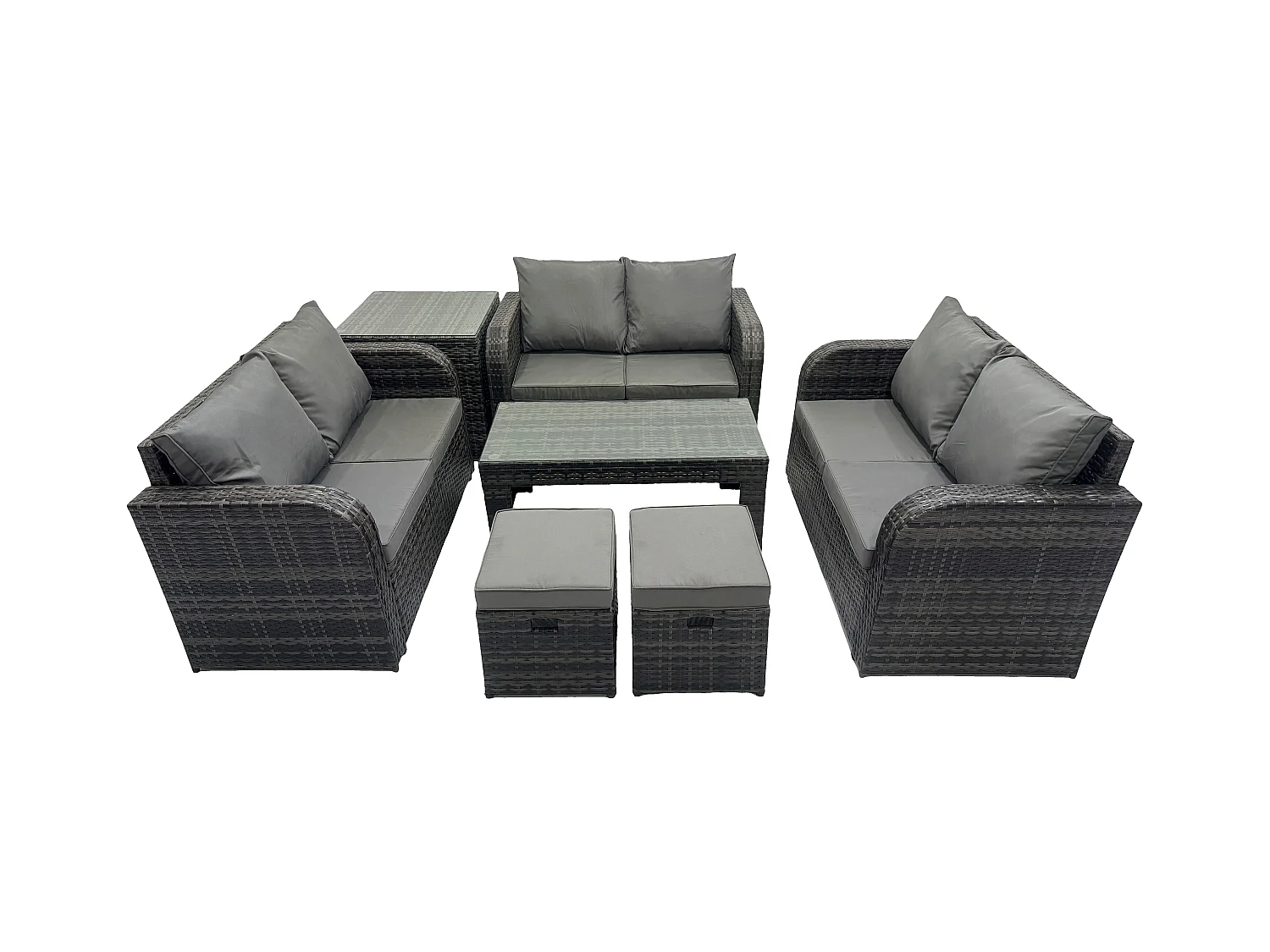 8-Sitzer Polyrattan Gartenmöbel Set Patio Sofa Set mit Couchtisch Loveseat Sofa Beistelltisch 2 kleine Fußhockern Dunkelgrau Gemischt