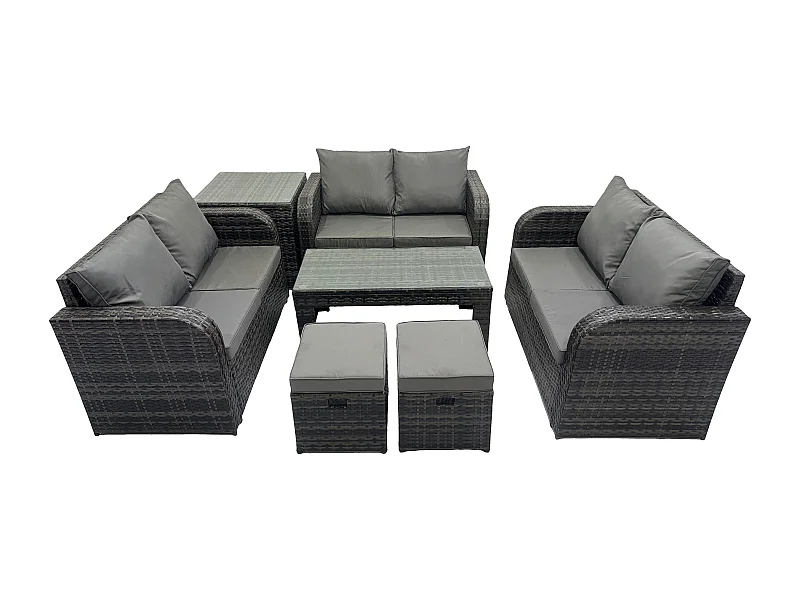 8 places Salon de jardin Meubles de jardin avec Table basse Canapé à deux places Table d'appoint 2 Petits tabourets Gris foncé mixte