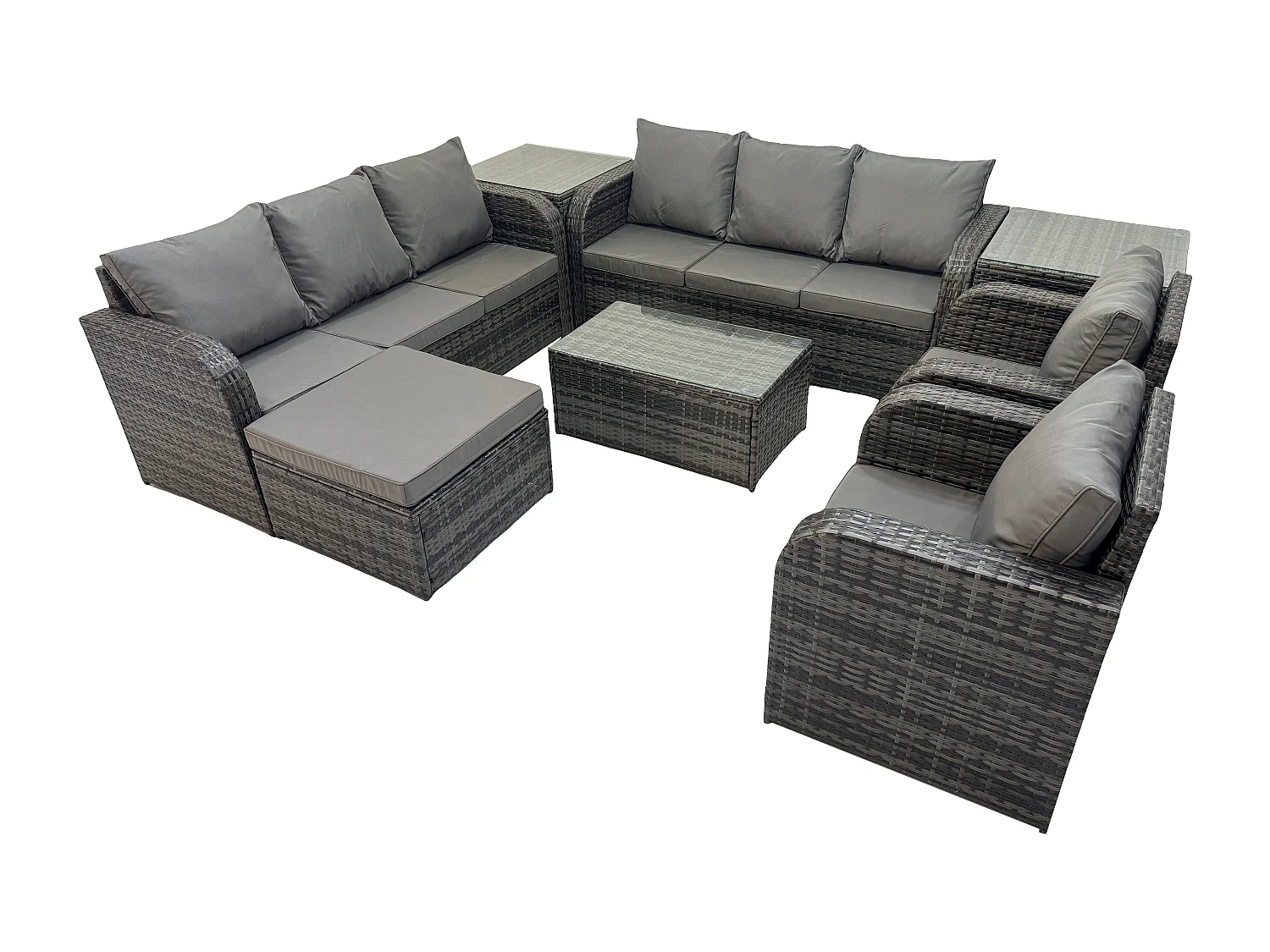 Rattan Gartenmöbel Sofa Set Tisch & Stühle Set mit 3-Sitzer Sofa Liegestühle 2 Beistelltisch 2 Großer Hockern Dunkelgrau Gemischt