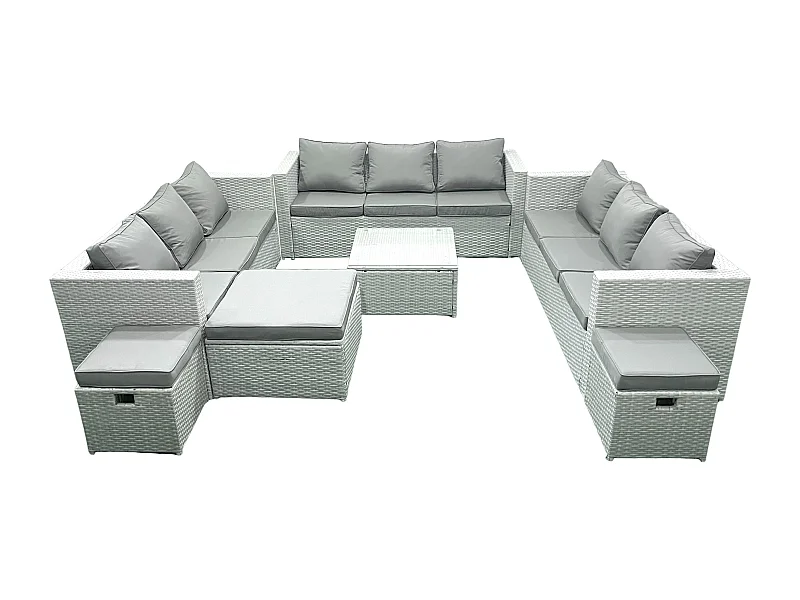 Ensemble de meubles de jardin en rotin 12 places avec Canapé 3 Tabourets Gris clair mixte