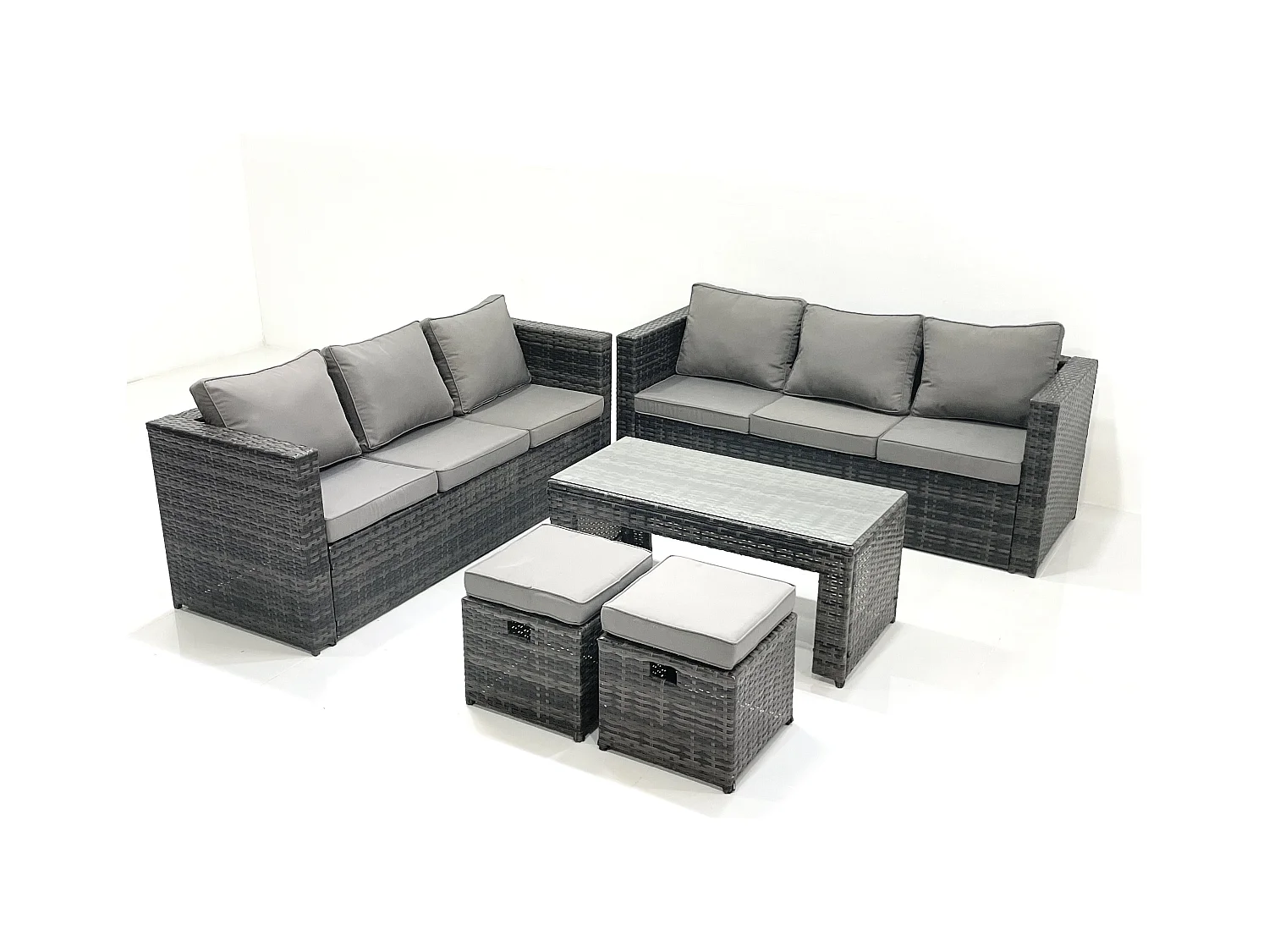 Garten Rattanmöbel Set mit Sofa Couchtisch 2 kleine Fußhockern Dunkelgrau Gemischt