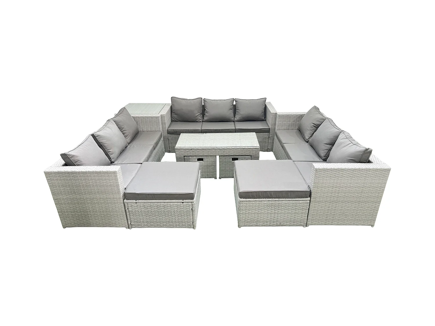 Polyrattan Gartenmöbelset mit Graue Kissen 14-Sitzer mit Couchtisch und Beistelltisch