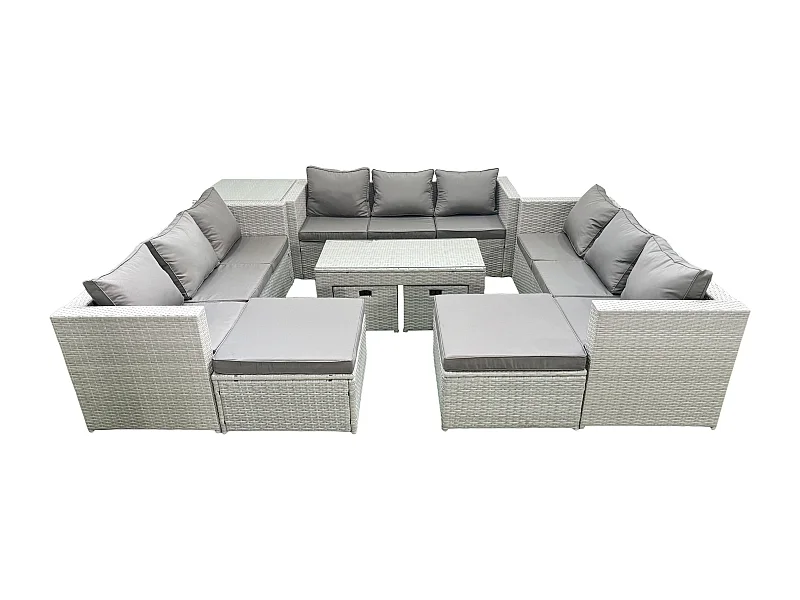 Salon de Jardin Ensemble avec Coussins gris 14 places avec Table basse et Table d'appoint