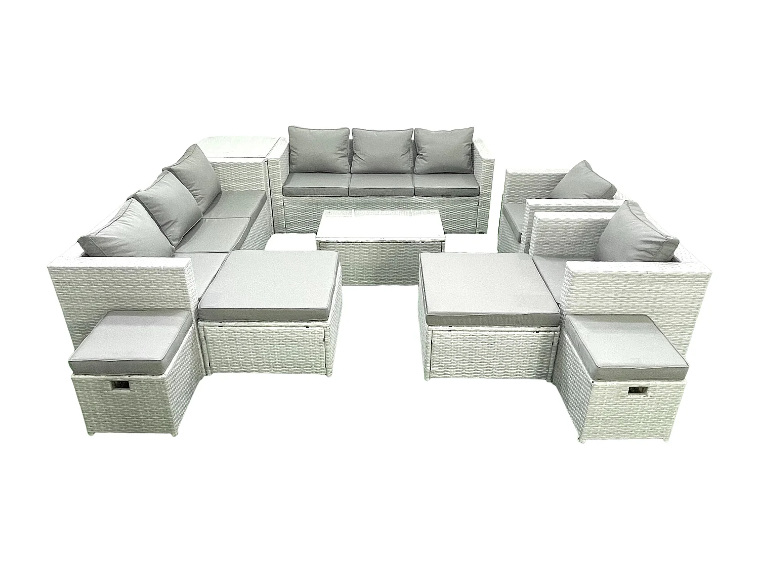 10 Pièces Salon de jardin Canapé de jardin avec Fauteuil Table basse 4 Tabourets Table d'appoint Gris clair mixte