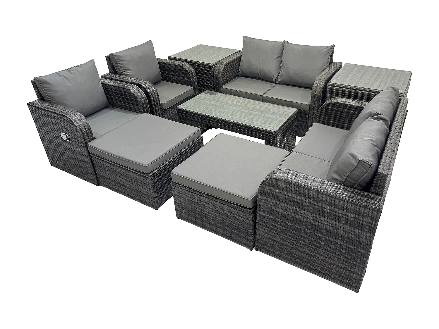 9 PCS Gartenmöbelset Rattan Garten Sofa im Freien Tisch Sessel mit Gehärteter Glastisch Dunkelgrau Gemischt