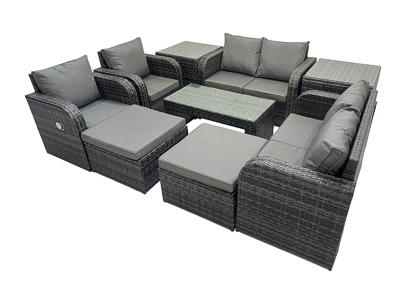 9 PCS Gartenmöbelset Rattan Garten Sofa im Freien Tisch Sessel mit Gehärteter Glastisch Dunkelgrau Gemischt