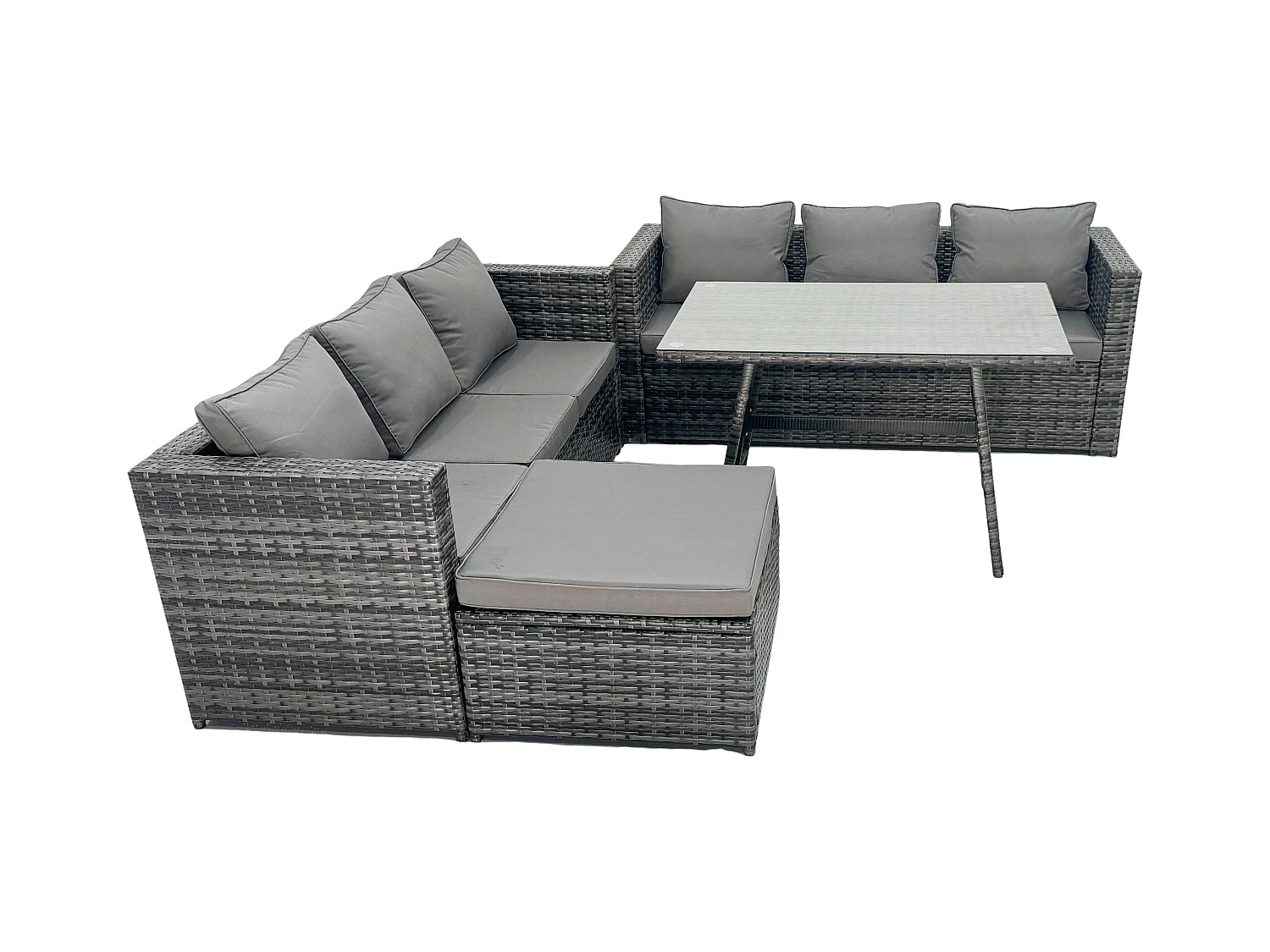 7 places Ensemble de canapé en rotin extérieur avec Table à manger Grand tabouret Gris foncé mixte