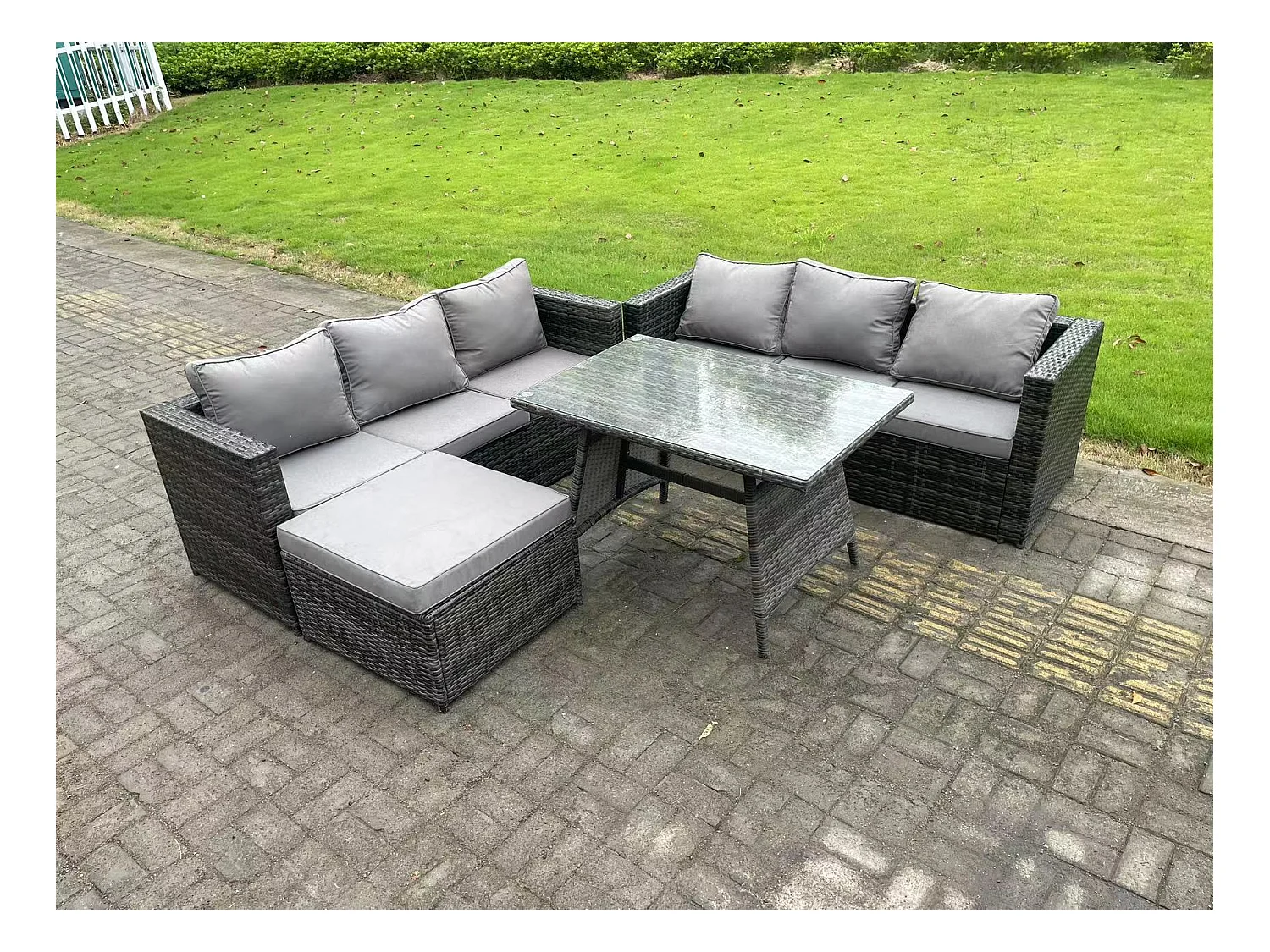 7 places Ensemble de canapé en rotin extérieur avec Table à manger Grand tabouret Gris foncé mixte