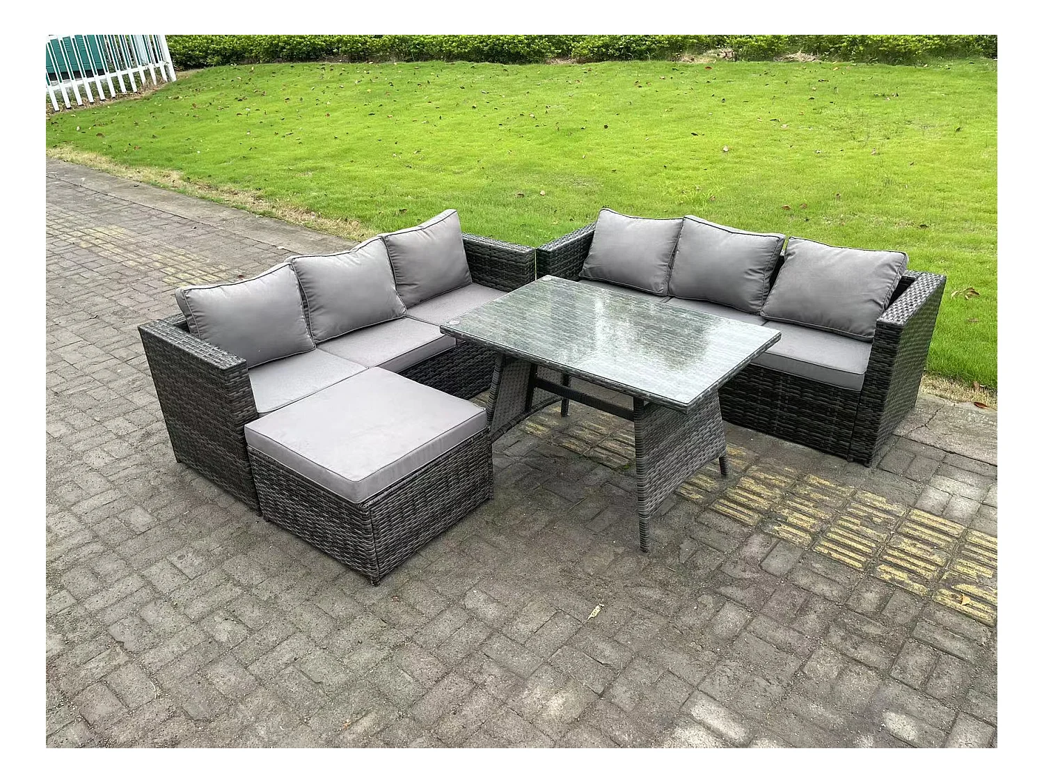 7 places Ensemble de canapé en rotin extérieur avec Table à manger Grand tabouret Gris foncé mixte