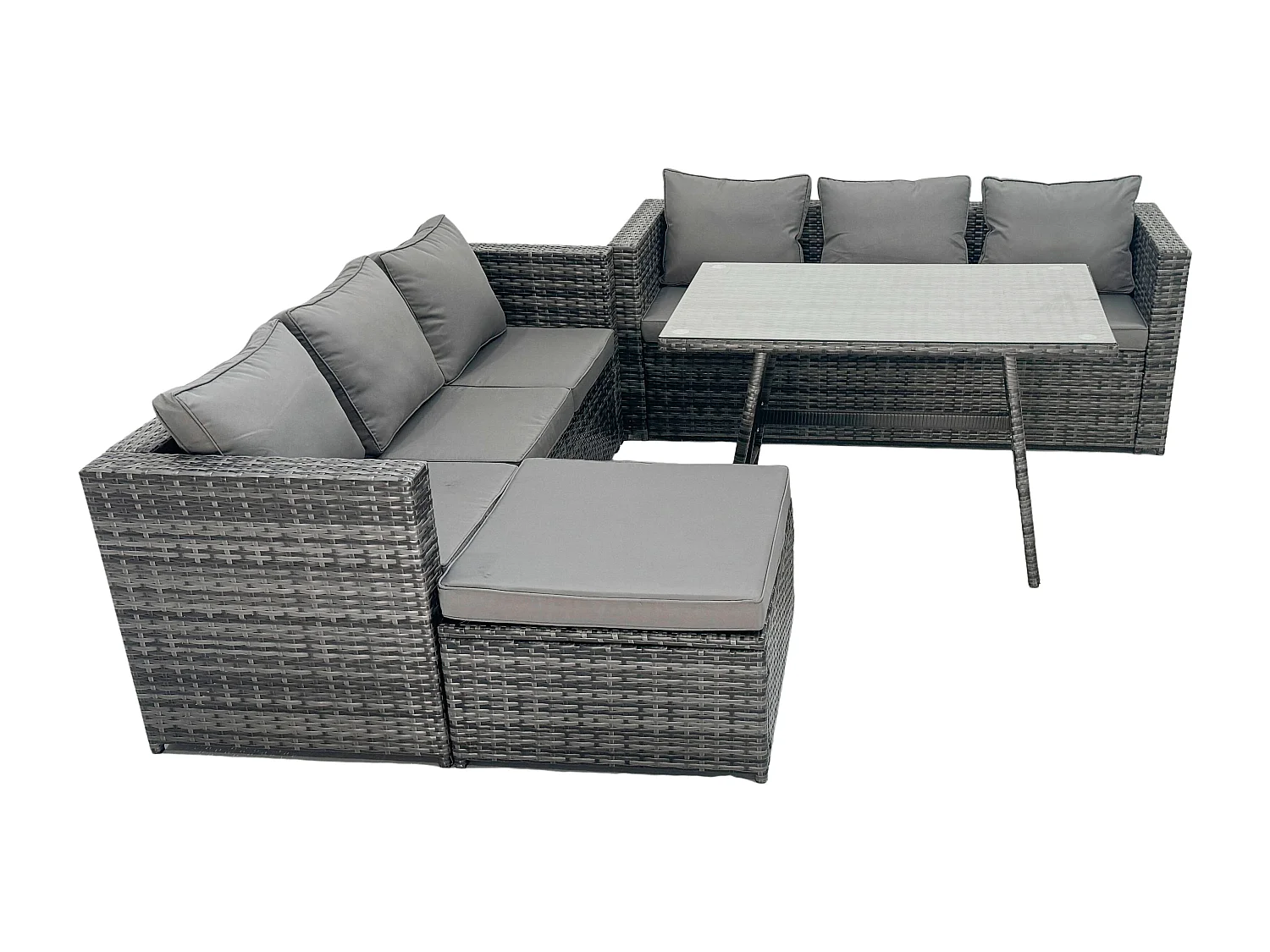 7-Sitzer Polyrattan Garten Esstisch Set Gartenmöbel Sofa mit Esstisch 2 Großer Hockern Dunkelgrau Gemischt