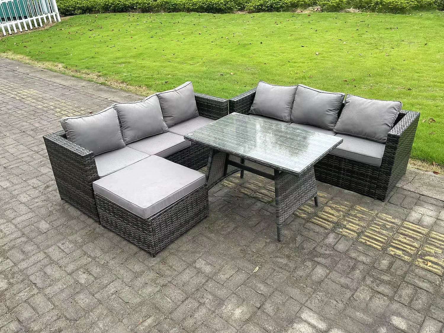 7-Sitzer Polyrattan Garten Esstisch Set Gartenmöbel Sofa mit Esstisch 2 Großer Hockern Dunkelgrau Gemischt