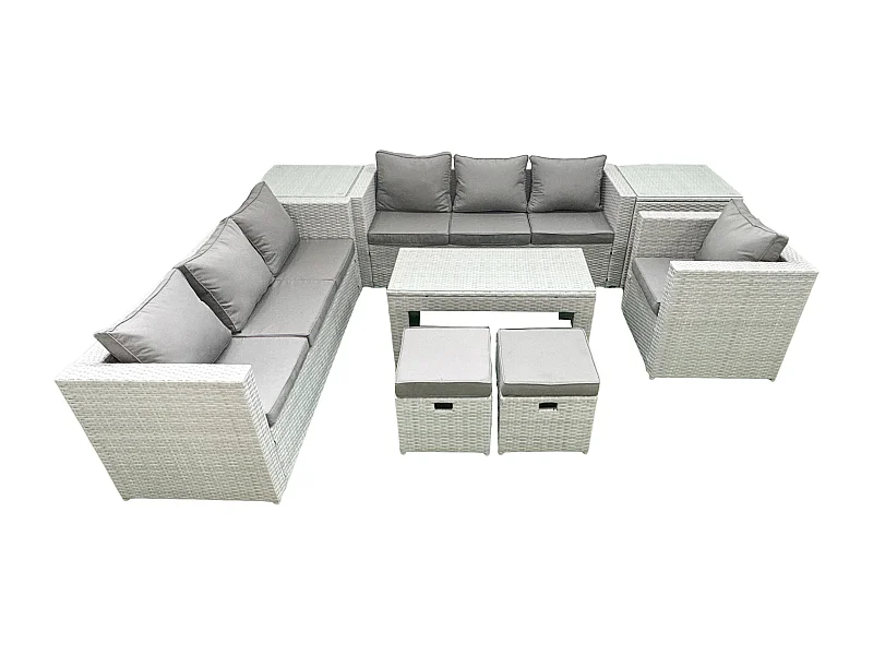 Meubles d'extérieur en rotin avec Table basse oblongue Fauteuil 2 Petits tabourets 2 Tables d'appoint Gris clair mixte