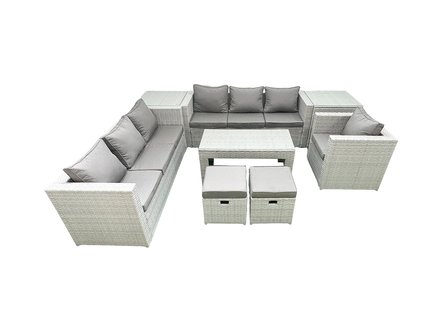 Polyrattan Gartenmöbel-Set im Freien mit Rechteckiger Couchtisch Sessel 2 kleine Fußhockern 2 Beistelltischen Hellgrau gemischt