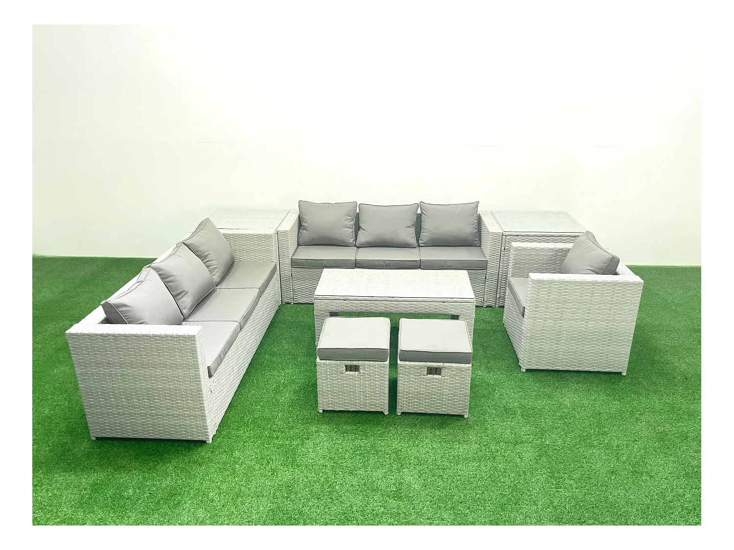 Polyrattan Gartenmöbel-Set im Freien mit Rechteckiger Couchtisch Sessel 2 kleine Fußhockern 2 Beistelltischen Hellgrau gemischt