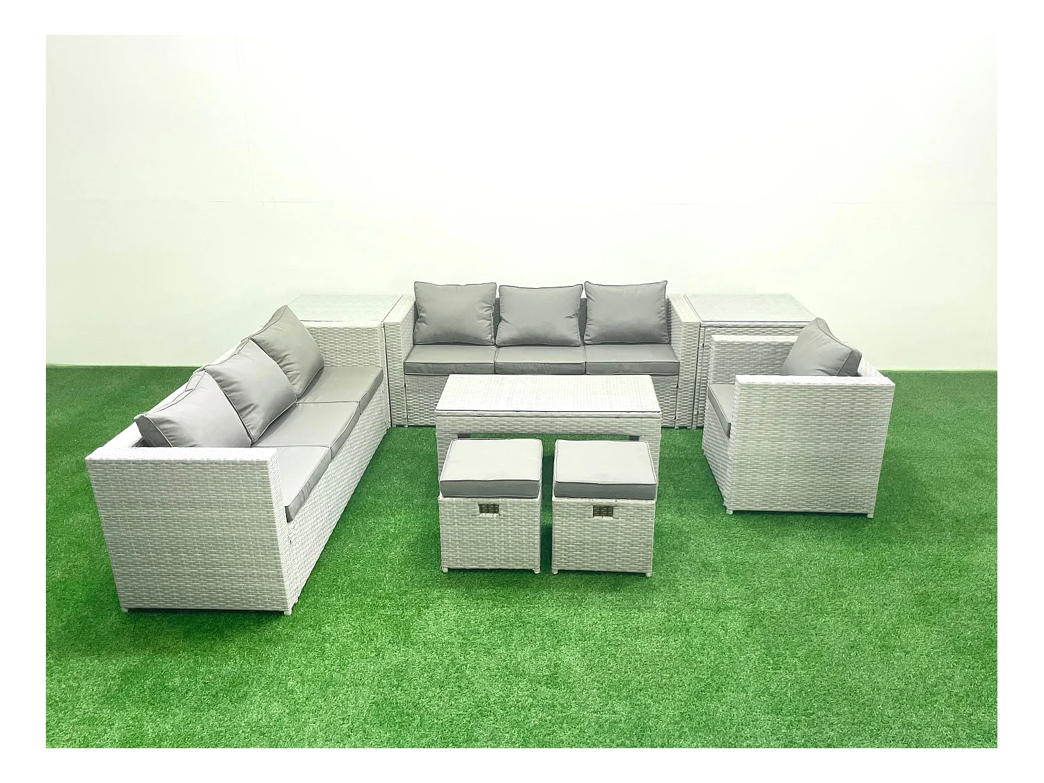 Polyrattan Gartenmöbel-Set im Freien mit Rechteckiger Couchtisch Sessel 2 kleine Fußhockern 2 Beistelltischen Hellgrau gemischt