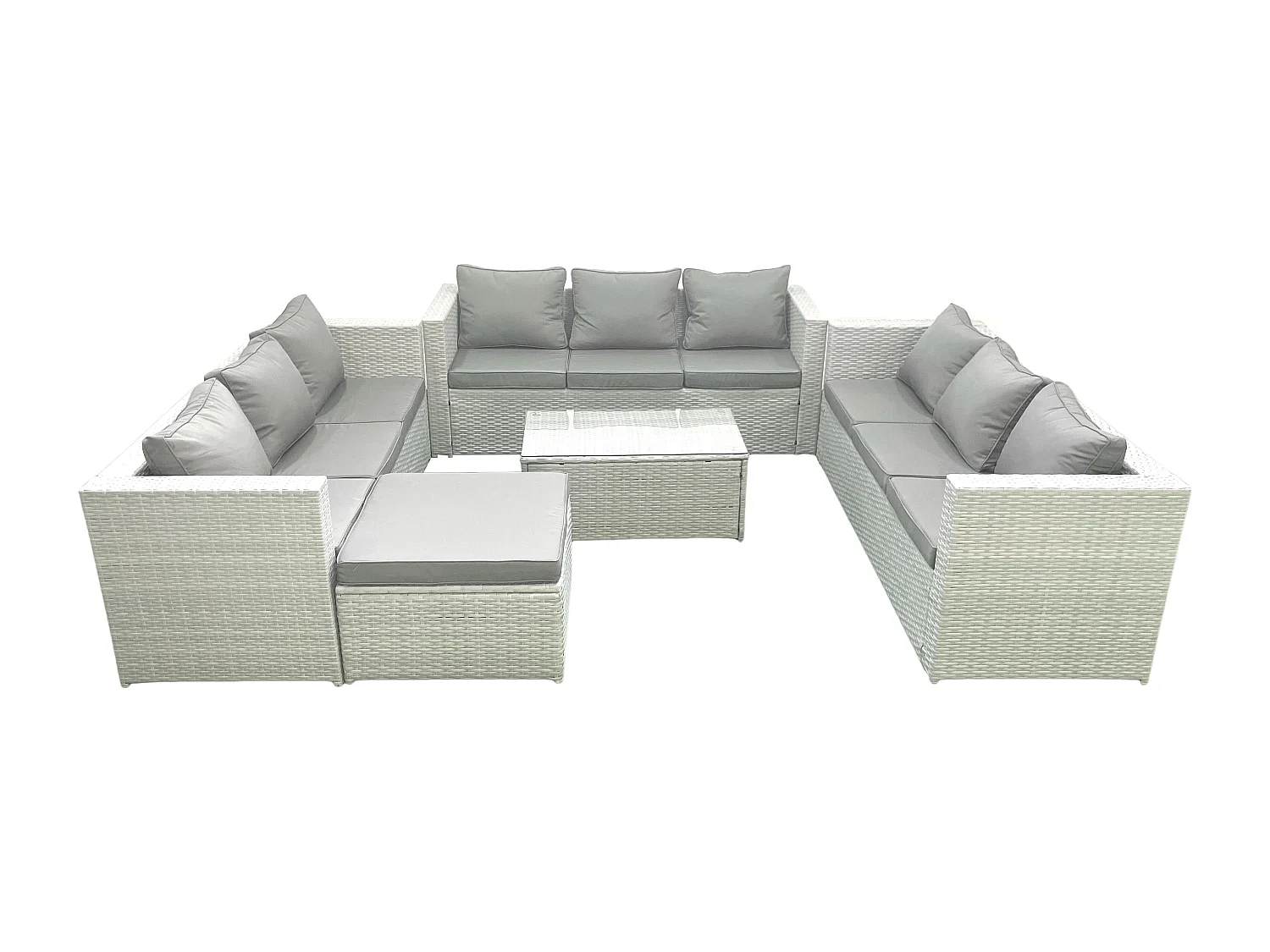 Gartenmöbel im Freien Polyrattan 10-Sitzer Garten Sofa Couchtisch Set mit 2 Großer Hockern Hellgrau gemischt