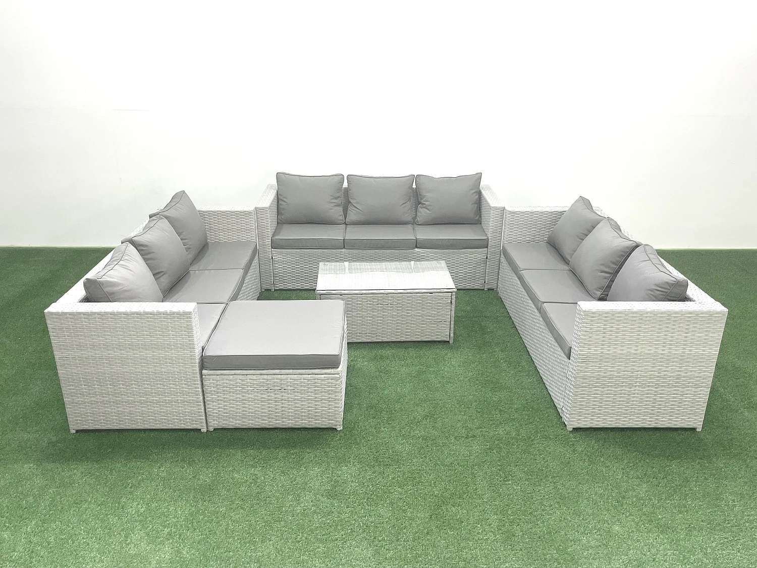 Gartenmöbel im Freien Polyrattan 10-Sitzer Garten Sofa Couchtisch Set mit 2 Großer Hockern Hellgrau gemischt