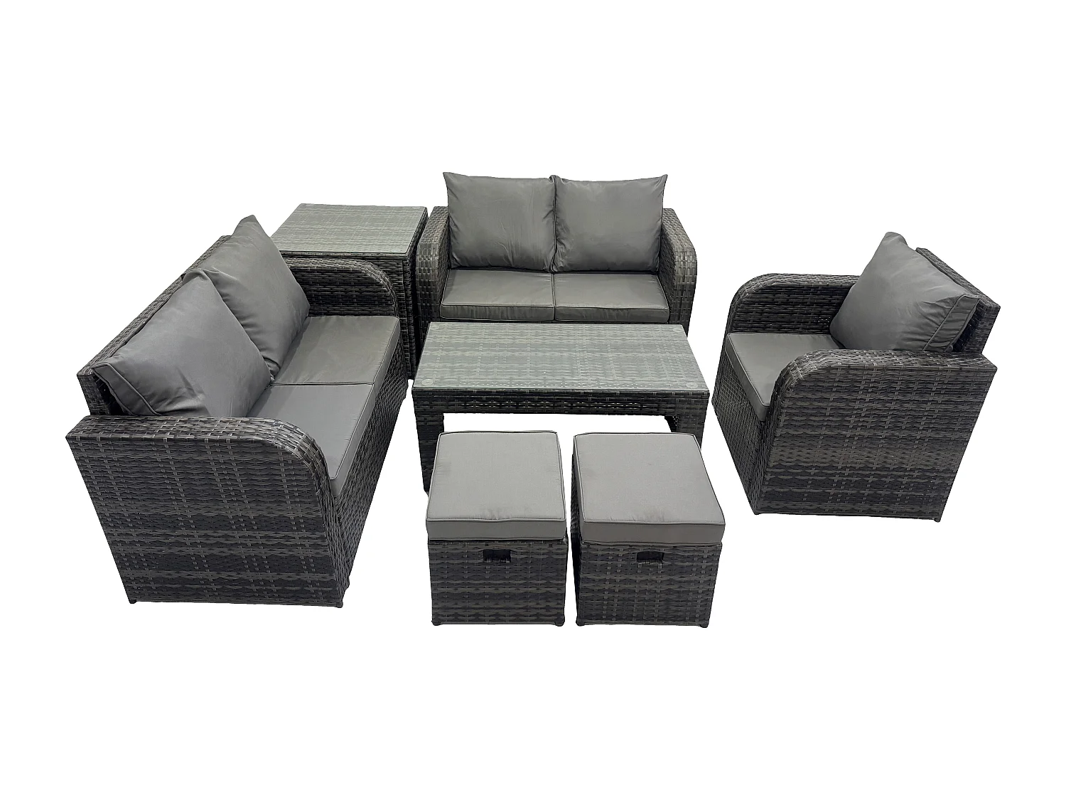Rattan Gartenmöbel Sofa Set Tisch & Stühle Set mit 2 kleine Fußhockern Beistelltisch Dunkelgrau Gemischt
