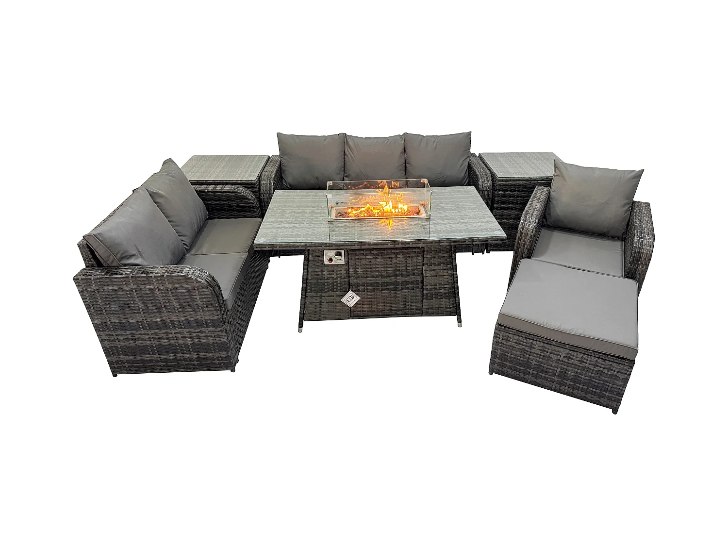 Ensemble Salon de Jardin Extérieur en polyrotin Table de foyer à gaz et Canapé Fauteuil avec 2 Tables d'appoint Grand tabouret