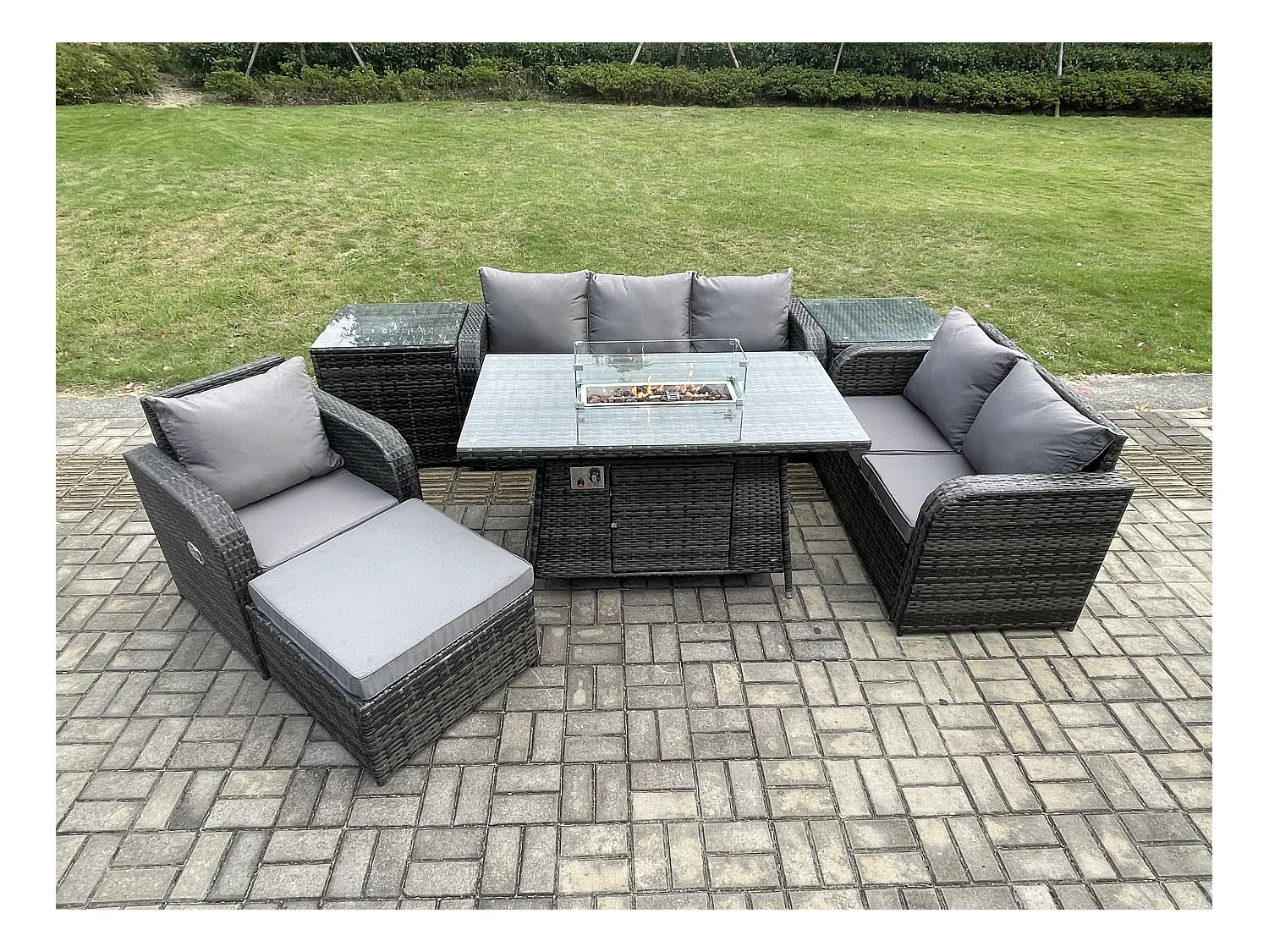 Ensemble Salon de Jardin Extérieur en polyrotin Table de foyer à gaz et Canapé Fauteuil avec 2 Tables d'appoint Grand tabouret