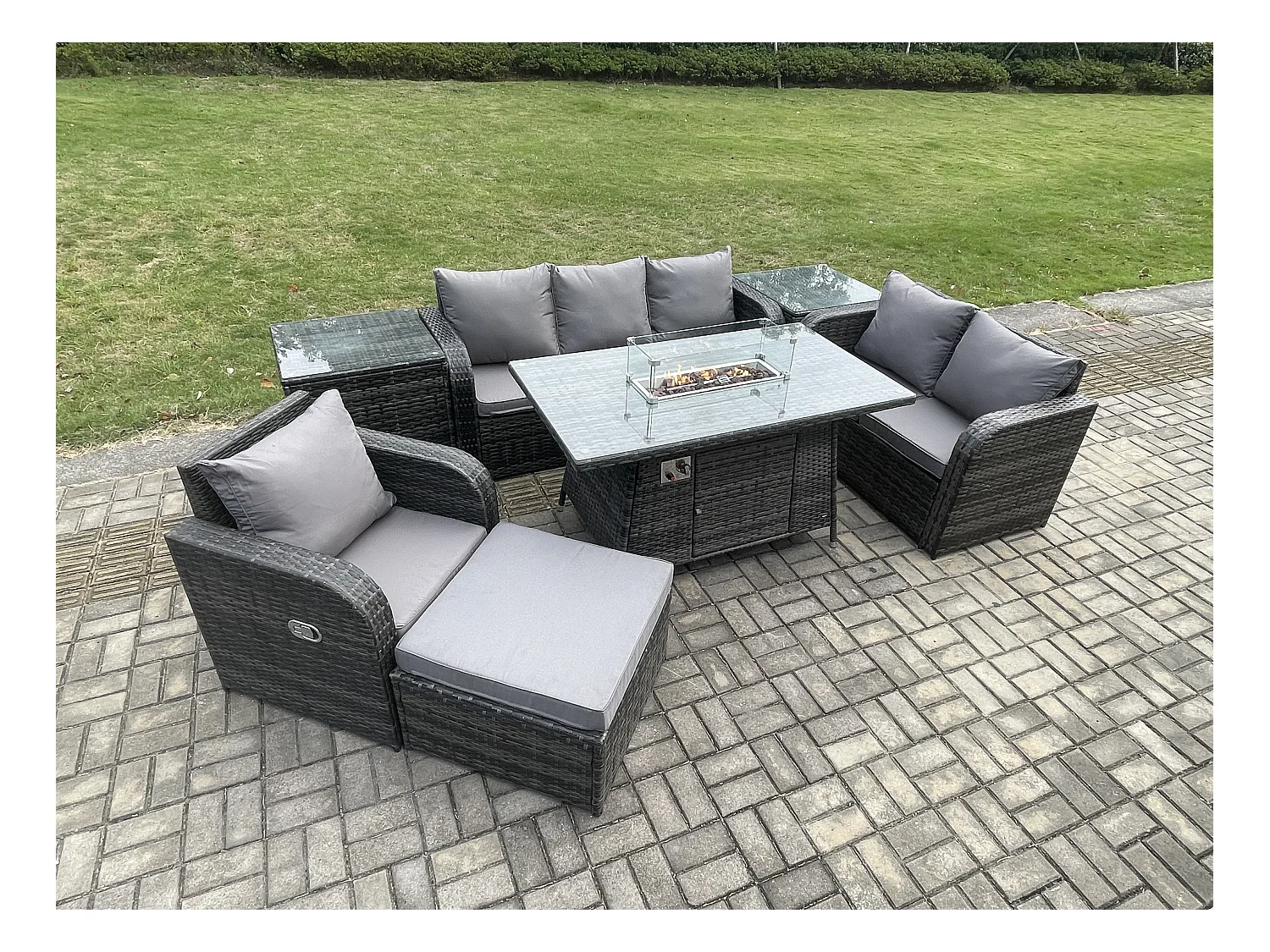 Ensemble Salon de Jardin Extérieur en polyrotin Table de foyer à gaz et Canapé Fauteuil avec 2 Tables d'appoint Grand tabouret