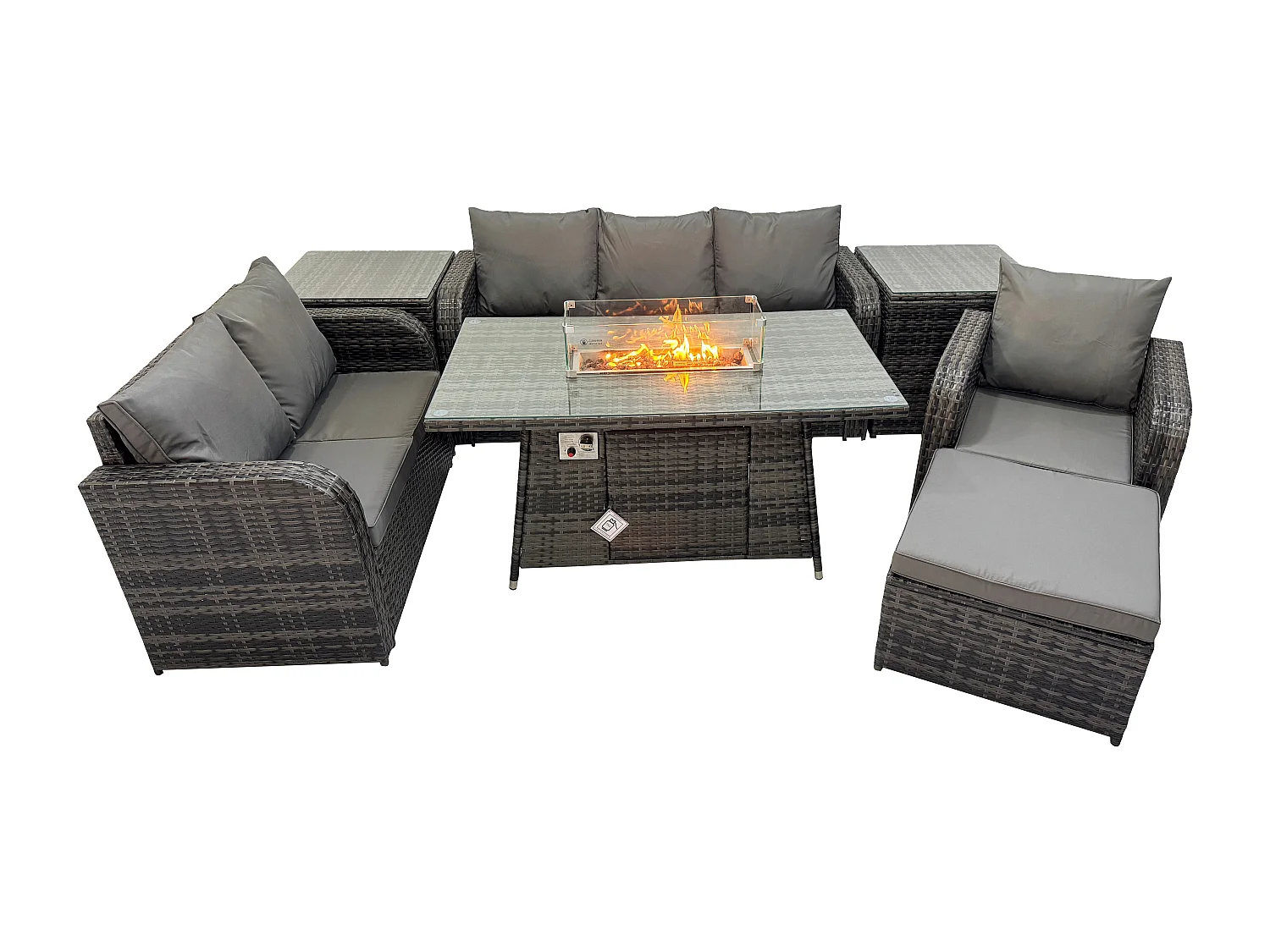 Polyrattan Gartenmöbel Set Garten Sofa im Freien Gasfeuerstelle Esstisch und Sofa Sessel set mit 2 Beistelltischen 2 Großer Hockern