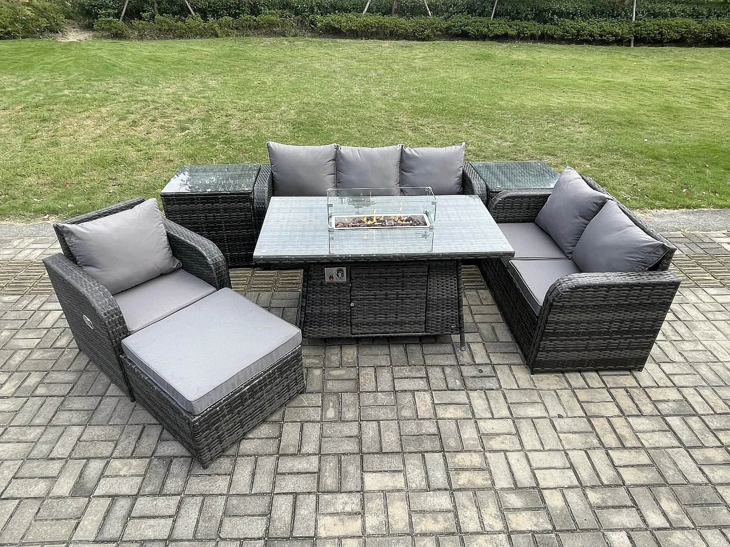 Polyrattan Gartenmöbel Set Garten Sofa im Freien Gasfeuerstelle Esstisch und Sofa Sessel set mit 2 Beistelltischen 2 Großer Hockern