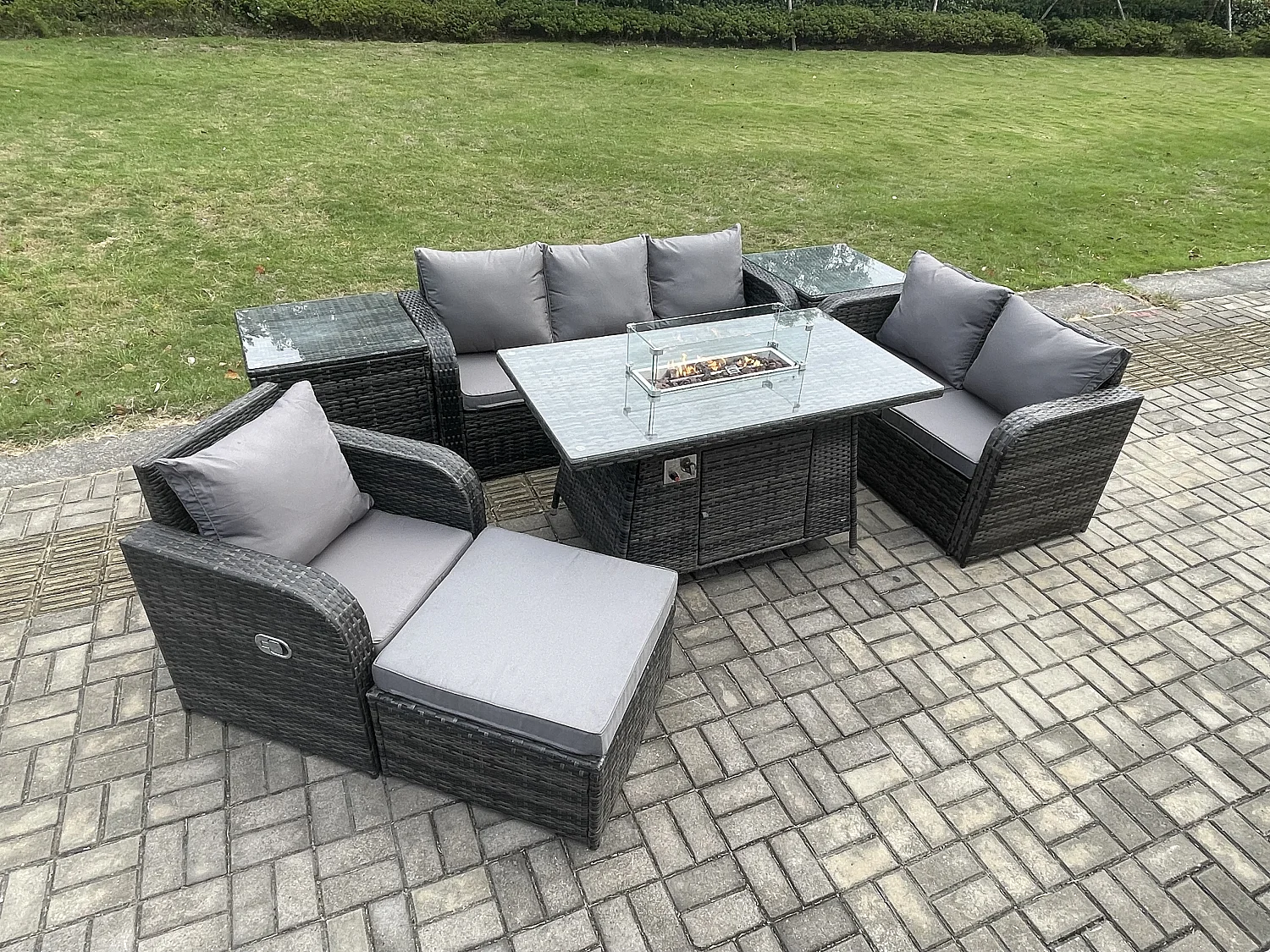 Polyrattan Gartenmöbel Set Garten Sofa im Freien Gasfeuerstelle Esstisch und Sofa Sessel set mit 2 Beistelltischen 2 Großer Hockern