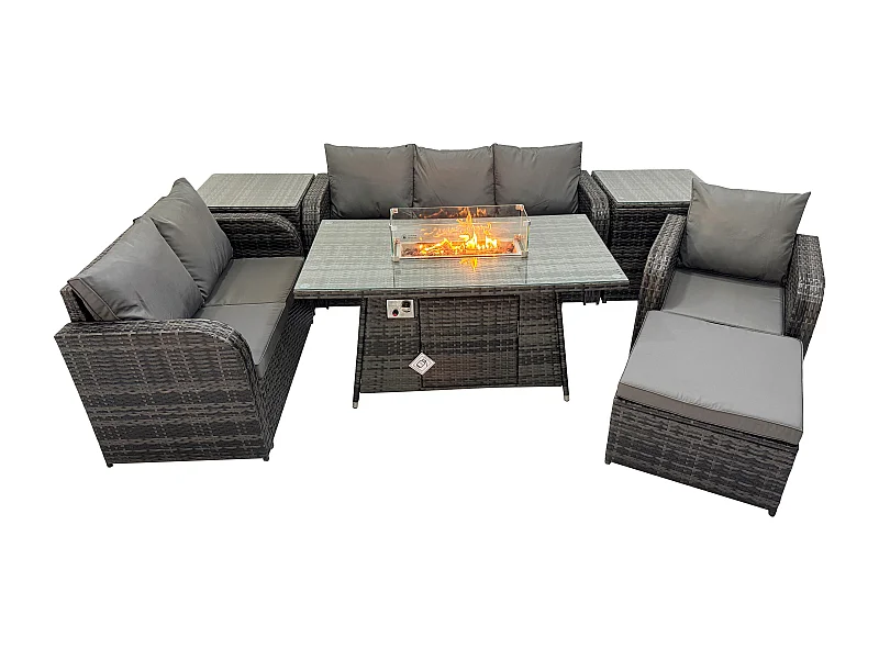 Polyrattan Gartenmöbel Set Garten Sofa im Freien Gasfeuerstelle Esstisch und Sofa Sessel set mit 2 Beistelltischen 2 Großer Hockern