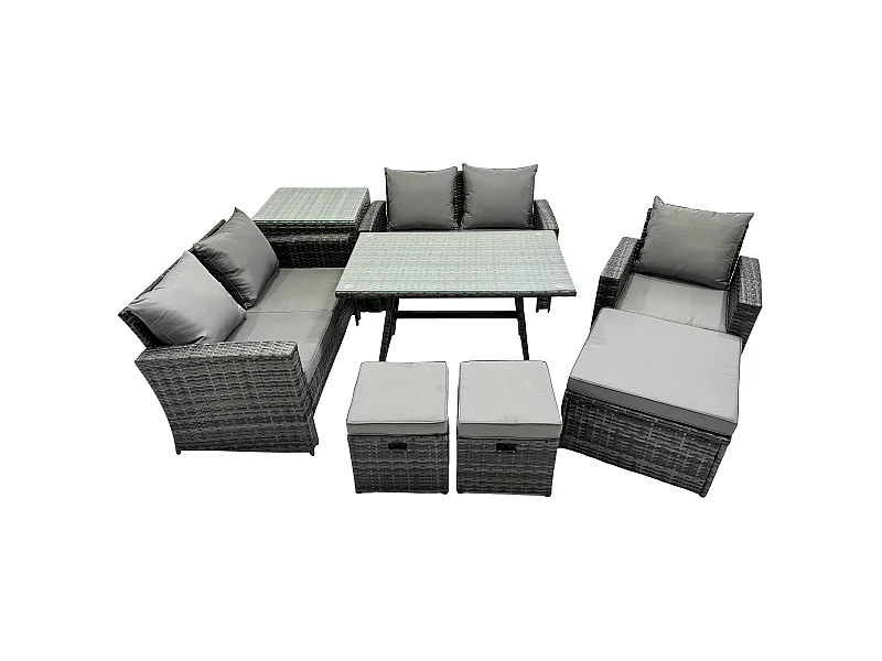 8-Sitzer Garten Esstisch Set Polyrattan Outdoor Möbel Sofa mit Rechteckiger Esstisch Doppelsitz Sofa Beistelltisch 3 Hockern Dunkelgrau Gemischt