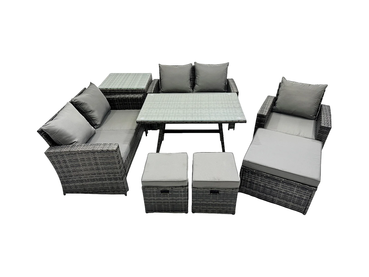 8-Sitzer Garten Esstisch Set Polyrattan Outdoor Möbel Sofa mit Rechteckiger Esstisch Doppelsitz Sofa Beistelltisch 3 Hockern Dunkelgrau Gemischt