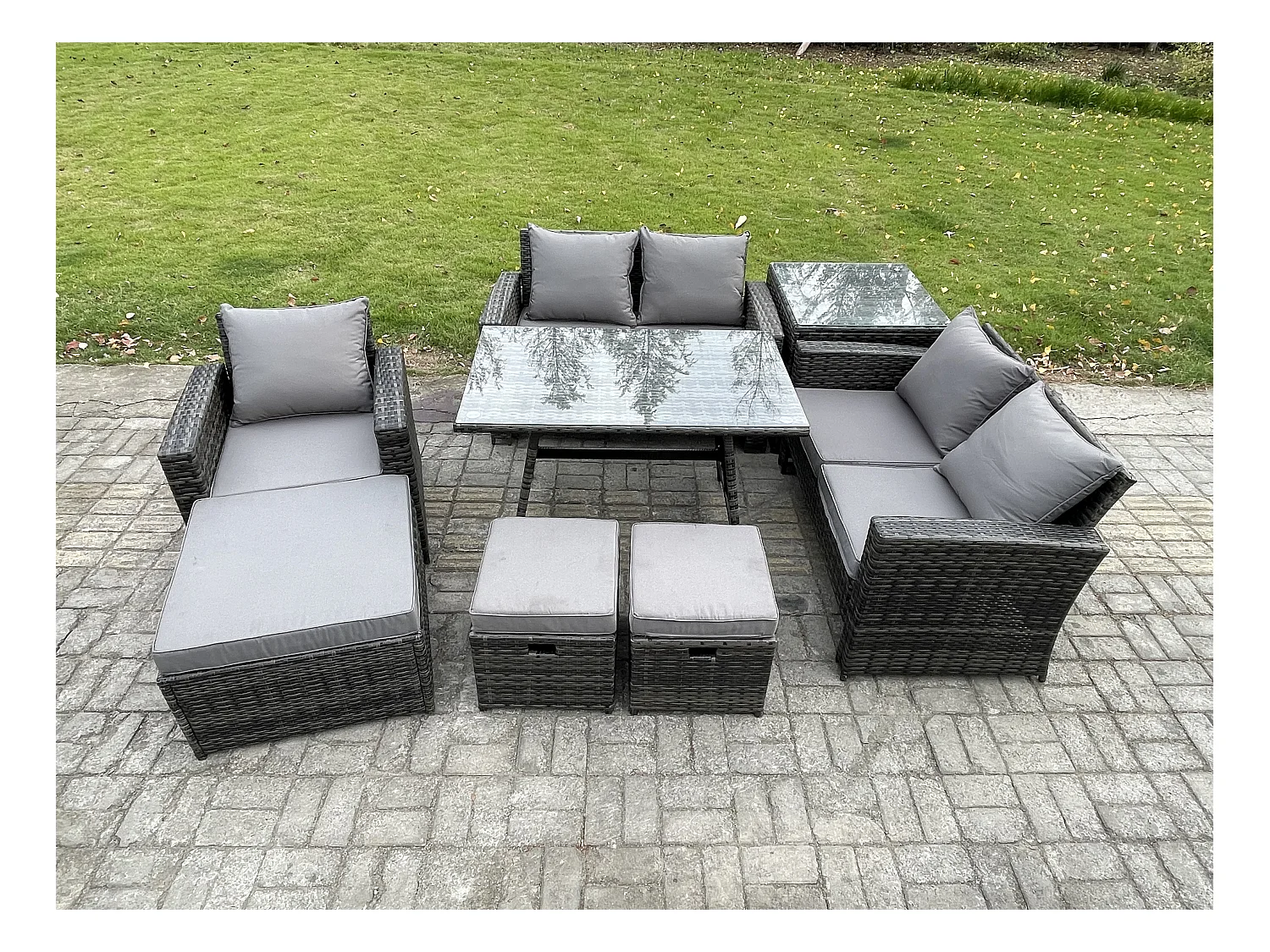 8-Sitzer Garten Esstisch Set Polyrattan Outdoor Möbel Sofa mit Rechteckiger Esstisch Doppelsitz Sofa Beistelltisch 3 Hockern Dunkelgrau Gemischt