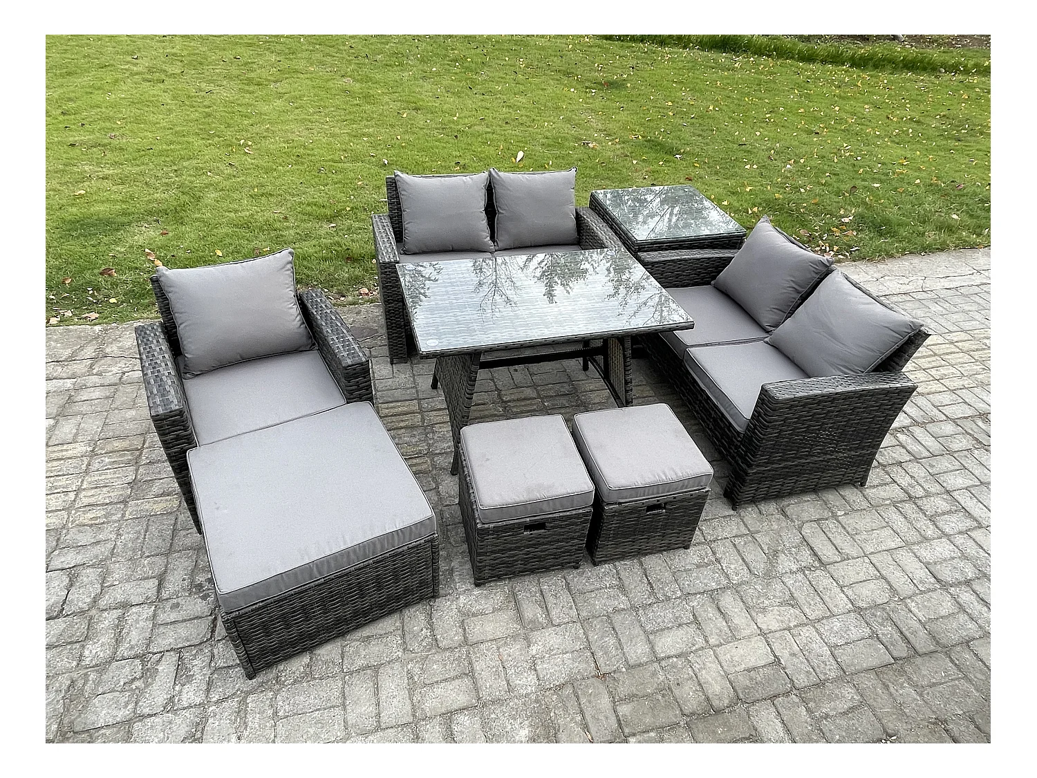 8-Sitzer Garten Esstisch Set Polyrattan Outdoor Möbel Sofa mit Rechteckiger Esstisch Doppelsitz Sofa Beistelltisch 3 Hockern Dunkelgrau Gemischt