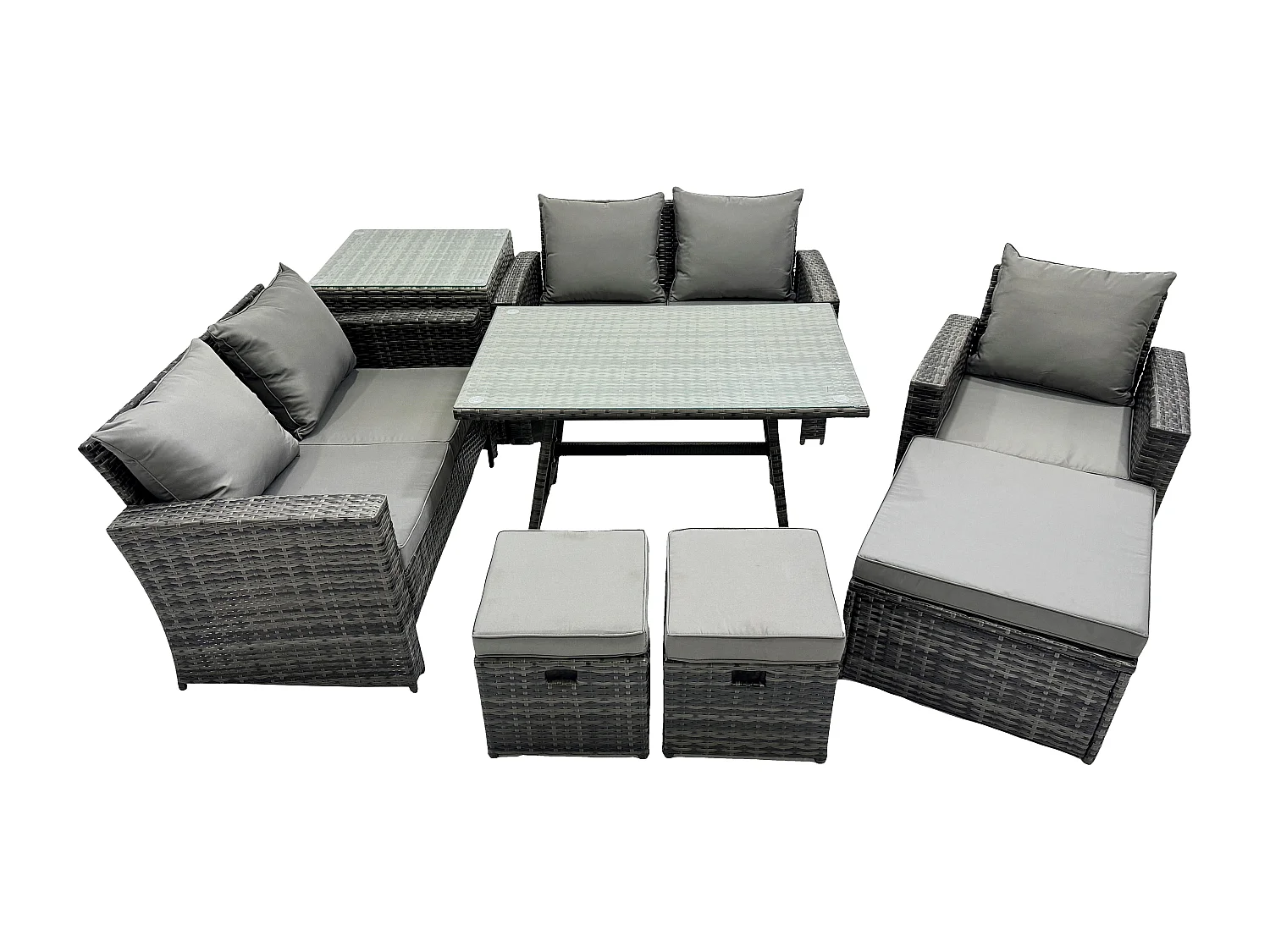 8 places Ensemble de canapé en rotin extérieur avec Table à manger rectangulaire Canapé à deux places Table d'appoint 3 Tabourets Gris foncé mixte