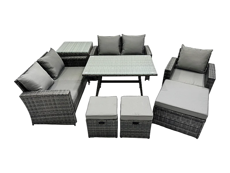 8 places Ensemble de canapé en rotin extérieur avec Table à manger rectangulaire Canapé à deux places Table d'appoint 3 Tabourets Gris foncé mixte