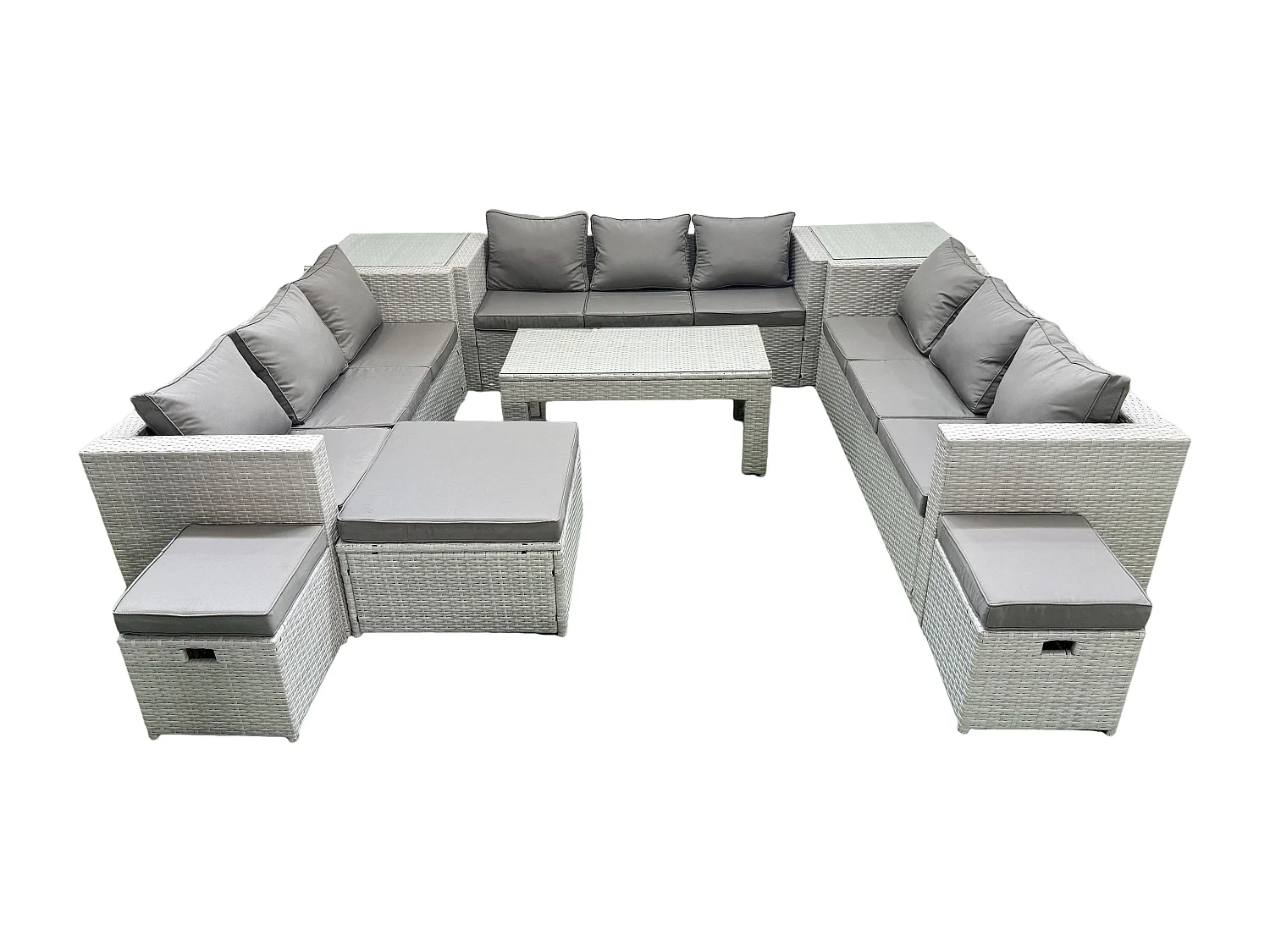 Ensemble de meubles d'extérieur en rotin 12 places avec Table basse oblongue 3 Tabourets 2 Tables d'appoint Gris clair mixte