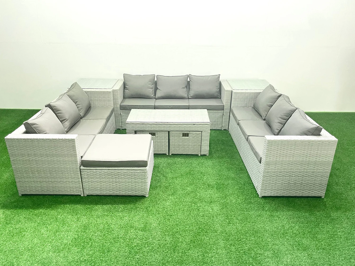 Ensemble de meubles d'extérieur en rotin 12 places avec Table basse oblongue 3 Tabourets 2 Tables d'appoint Gris clair mixte