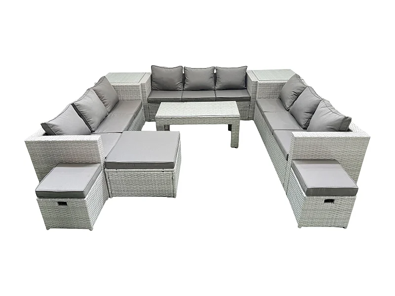 Ensemble de meubles d'extérieur en rotin 12 places avec Table basse oblongue 3 Tabourets 2 Tables d'appoint Gris clair mixte