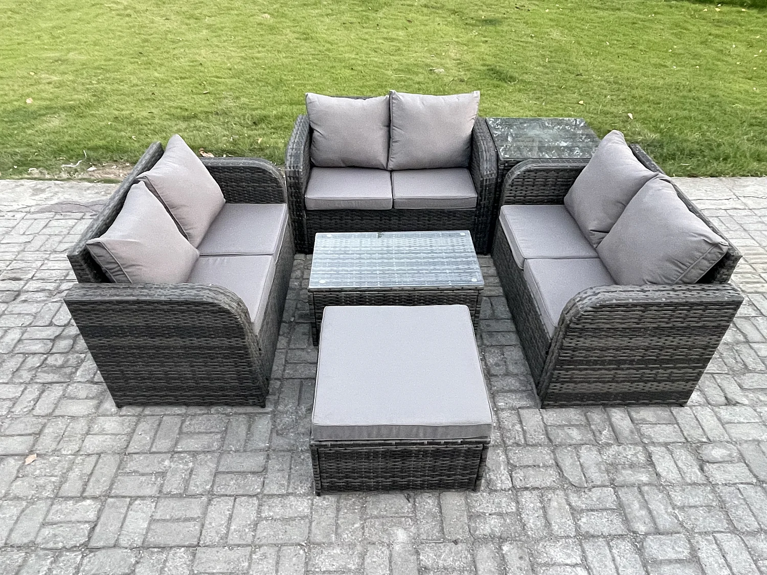 Gartenmöbel-Sets 7-Sitzer Polyrattan Möbel Sofa Sets mit Rechteckiger Couchtisch Love Sofa 2 Großer Hockern Beistelltisch Dunkelgrau Gemischt