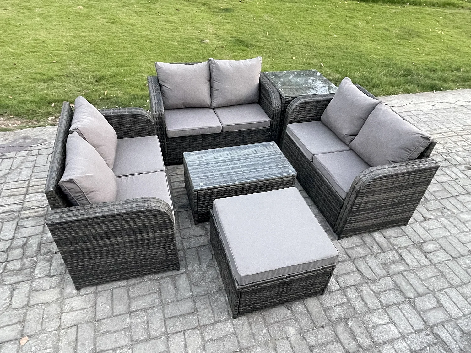 Gartenmöbel-Sets 7-Sitzer Polyrattan Möbel Sofa Sets mit Rechteckiger Couchtisch Love Sofa 2 Großer Hockern Beistelltisch Dunkelgrau Gemischt