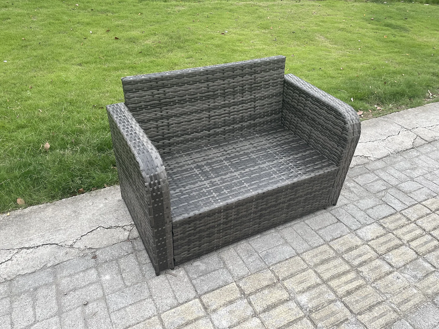 Gartenmöbel-Sets 7-Sitzer Polyrattan Möbel Sofa Sets mit Rechteckiger Couchtisch Love Sofa 2 Großer Hockern Beistelltisch Dunkelgrau Gemischt