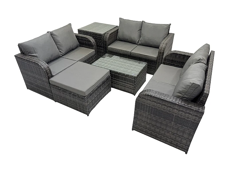 Gartenmöbel-Sets 7-Sitzer Polyrattan Möbel Sofa Sets mit Rechteckiger Couchtisch Love Sofa 2 Großer Hockern Beistelltisch Dunkelgrau Gemischt